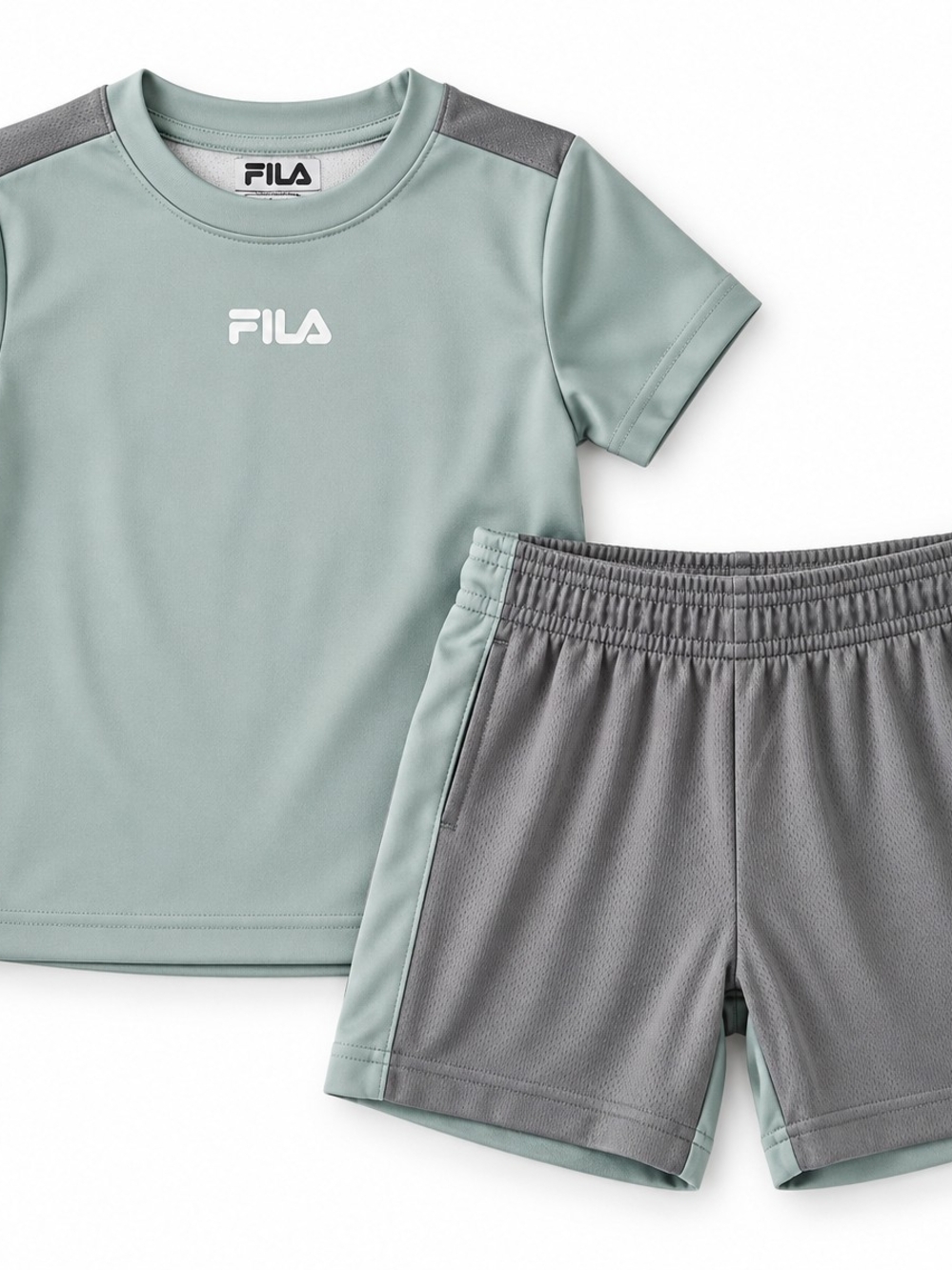 FILA Boys 2-Piece Athletic Set Sage Green Tee & Mesh Shorts Sport Outfit